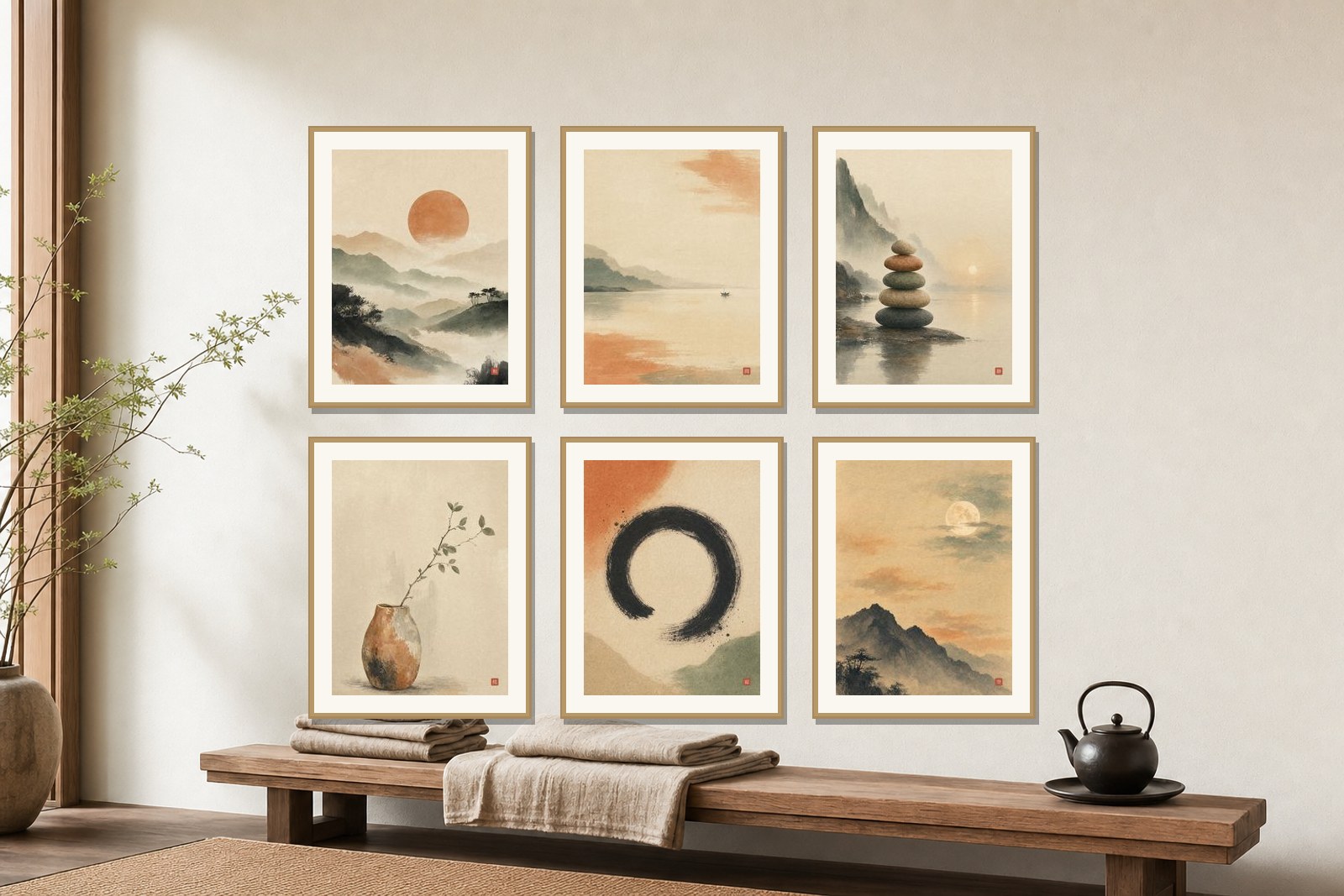 Six matching oak frames in a 3x2 grid above a wooden bench, holding Japandi watercolor prints