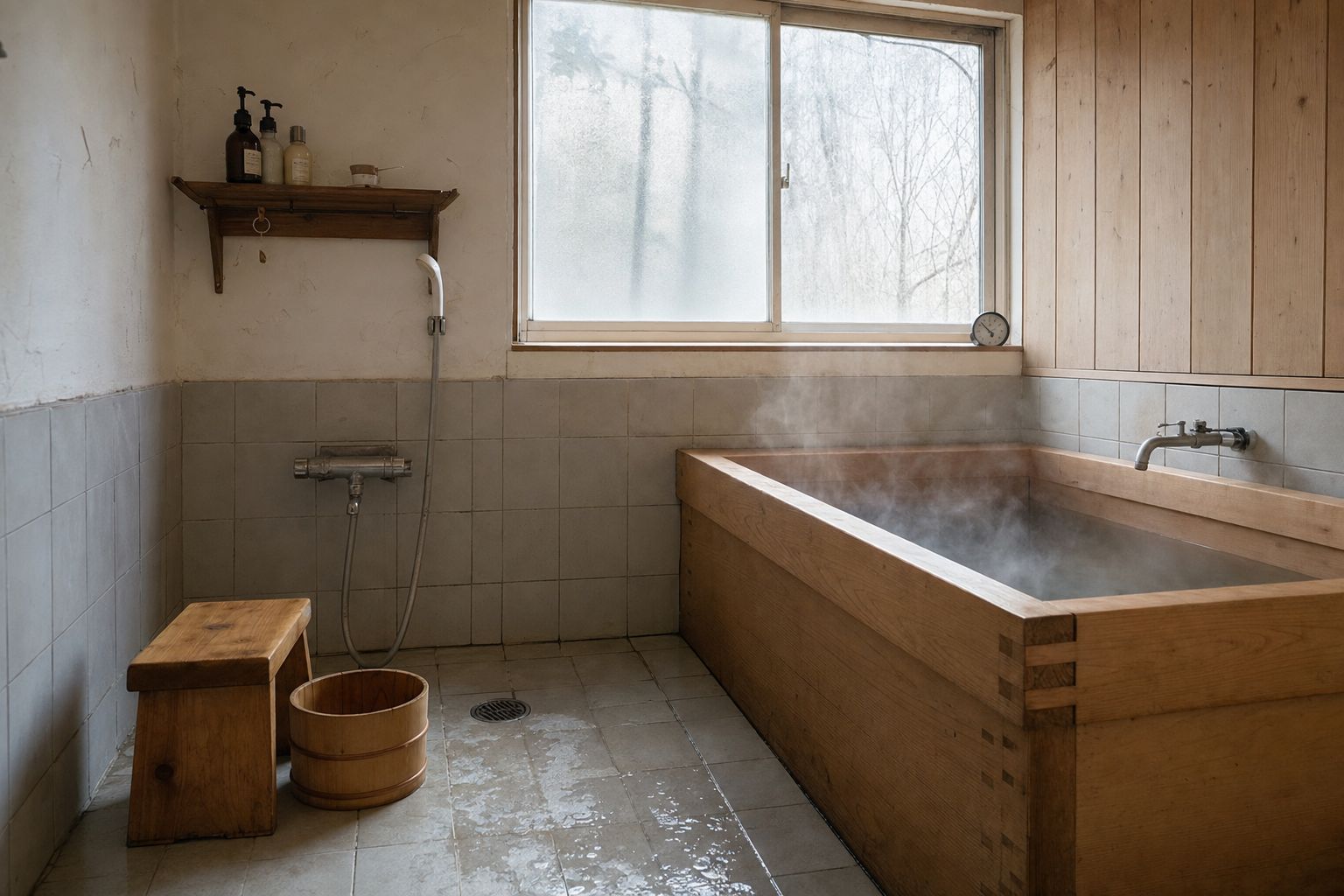 A small Japanese-style bathroom: a deep wooden soaking tub, a low wooden stool and bucket on a wet tile floor, one window with frosted glass