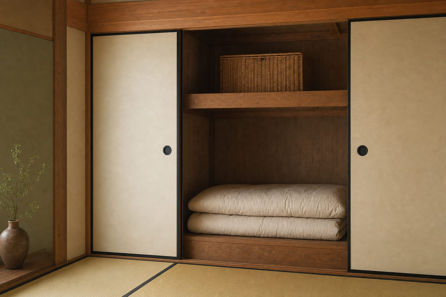 A traditional Japanese oshiire closet with sliding fusuma doors half open, showing a folded futon on the lower shelf and a woven basket on the upper shelf