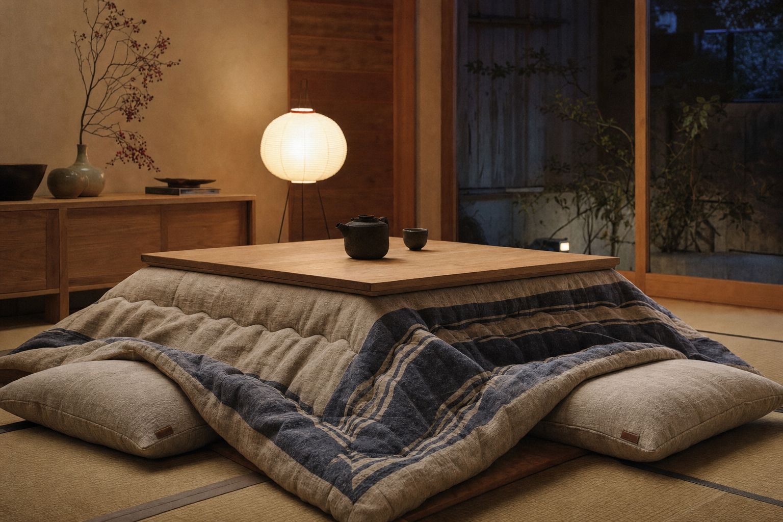 A low wooden kotatsu table with a quilted blanket trapped under the tabletop, two floor cushions pulled up close, lit by a single warm lamp
