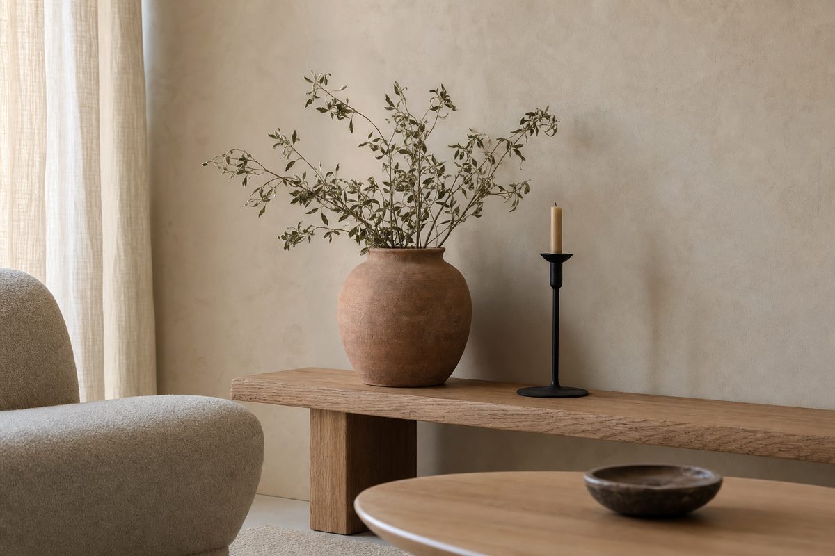 A Japandi corner: warm white wall, oak bench, terracotta vase with dried stems, one black candlestick
