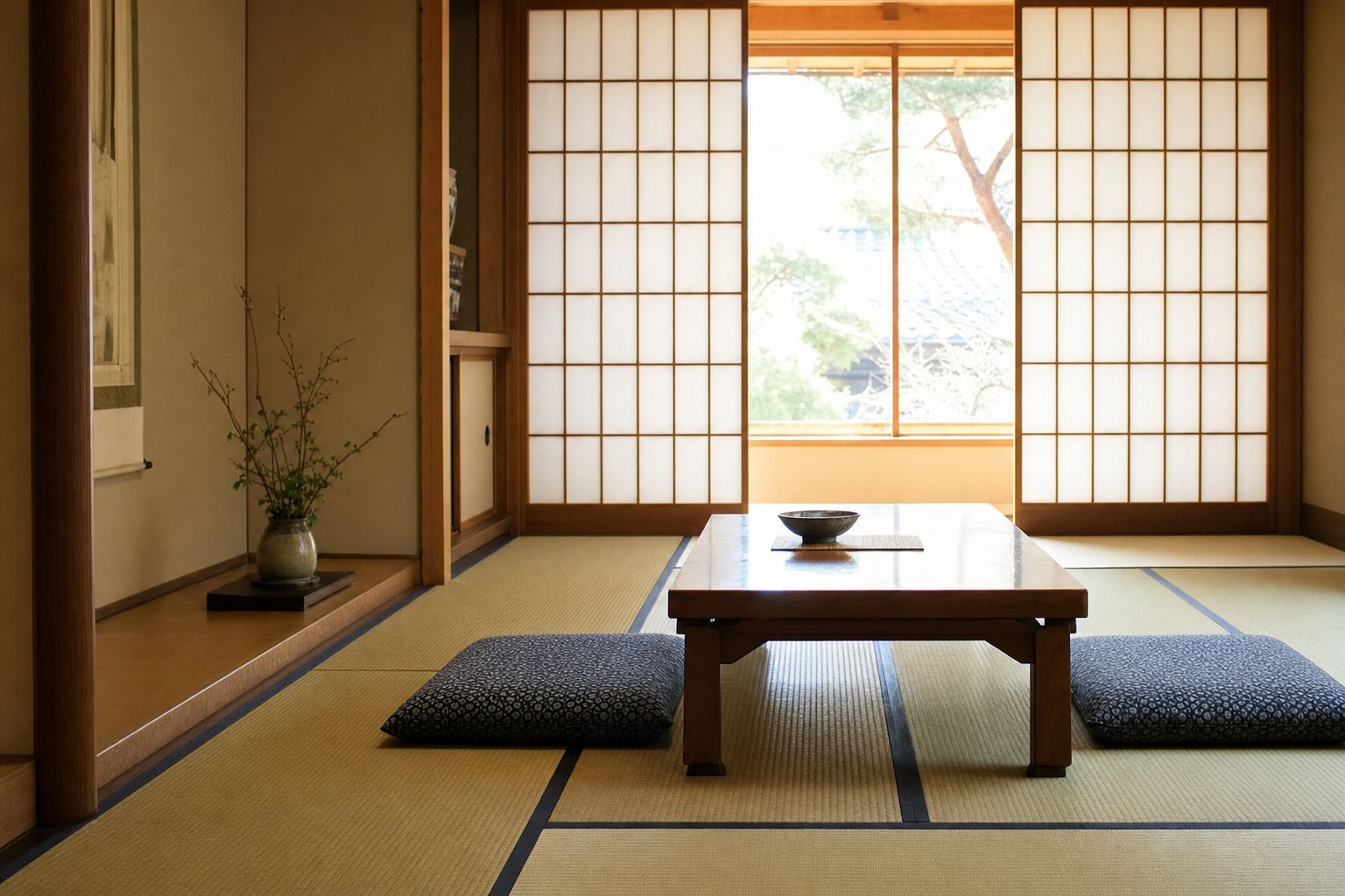 A traditional Japanese tatami room with a low table, floor cushions, and a shoji screen letting in soft daylight