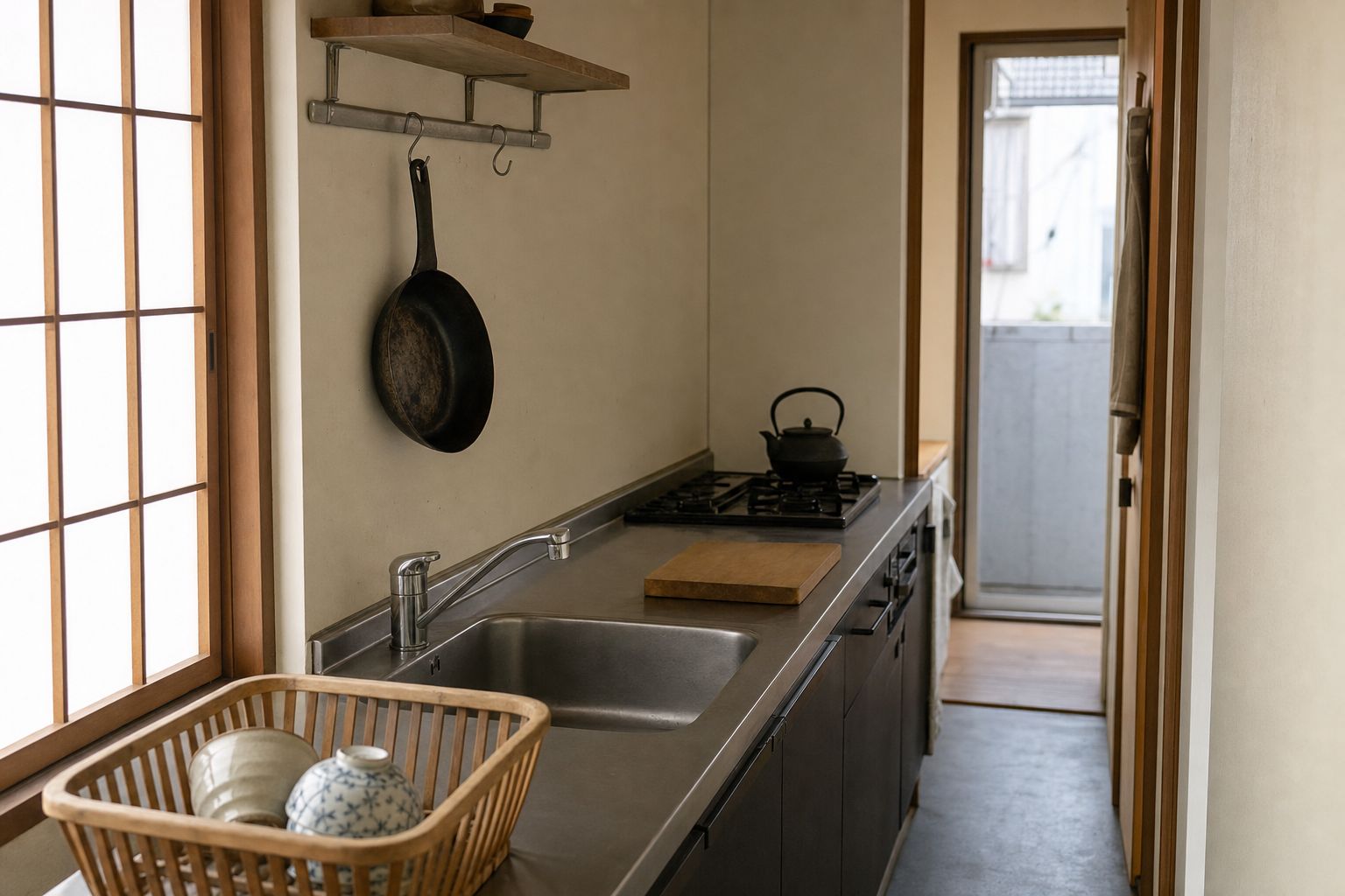 A narrow Japanese kitchen: one open shelf, a single hanging pan, a wooden dish drainer by the window