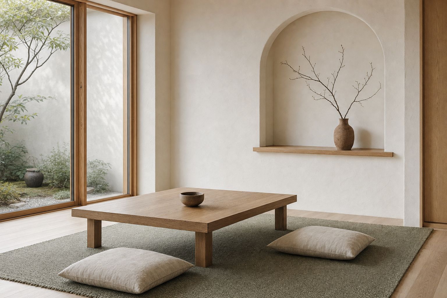 A Japandi living room: a low wooden table on a rug, two floor cushions, one alcove shelf with a single ceramic vase