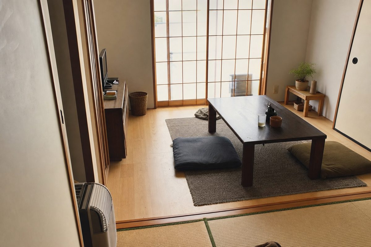Inside an ordinary Japanese apartment: low table, shoji doors, soft light