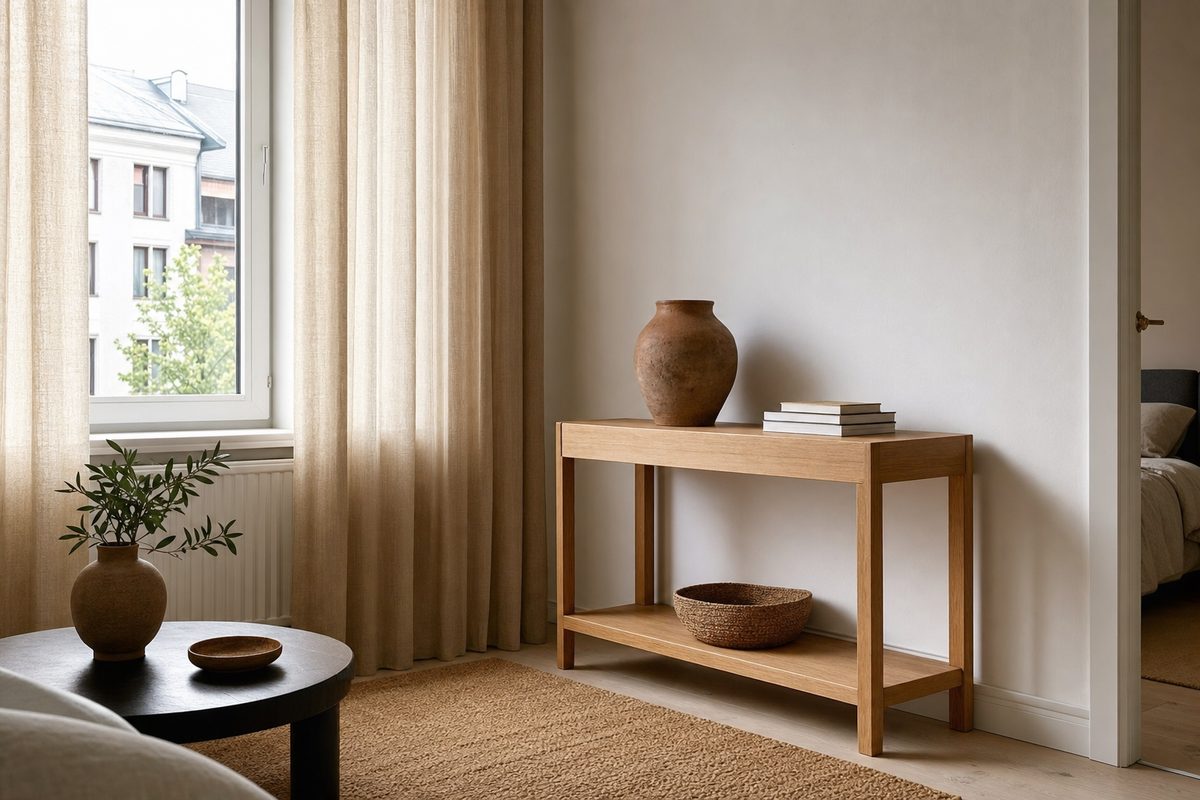 A rented apartment corner made calm with linen curtains and an oak console